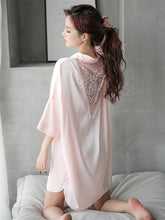 White&Pink Lace-V-Back Silk Imitation Shirt Pajamas